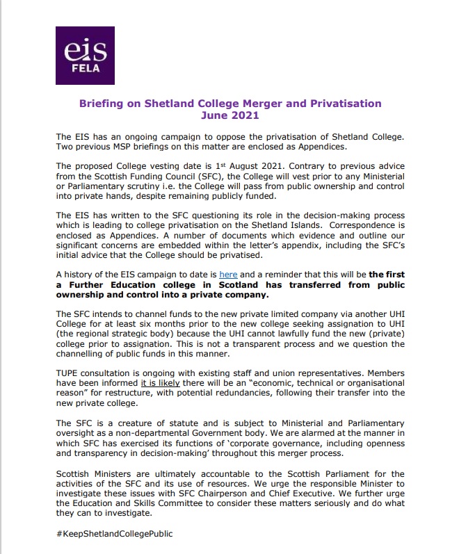 Shetland College MSP Briefing | EIS